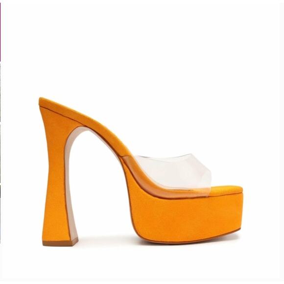 Schutz Haila Vinyl Suede Platform Sandals 10 Yellow Bright Sun Heels Womens - Picture 1 of 8